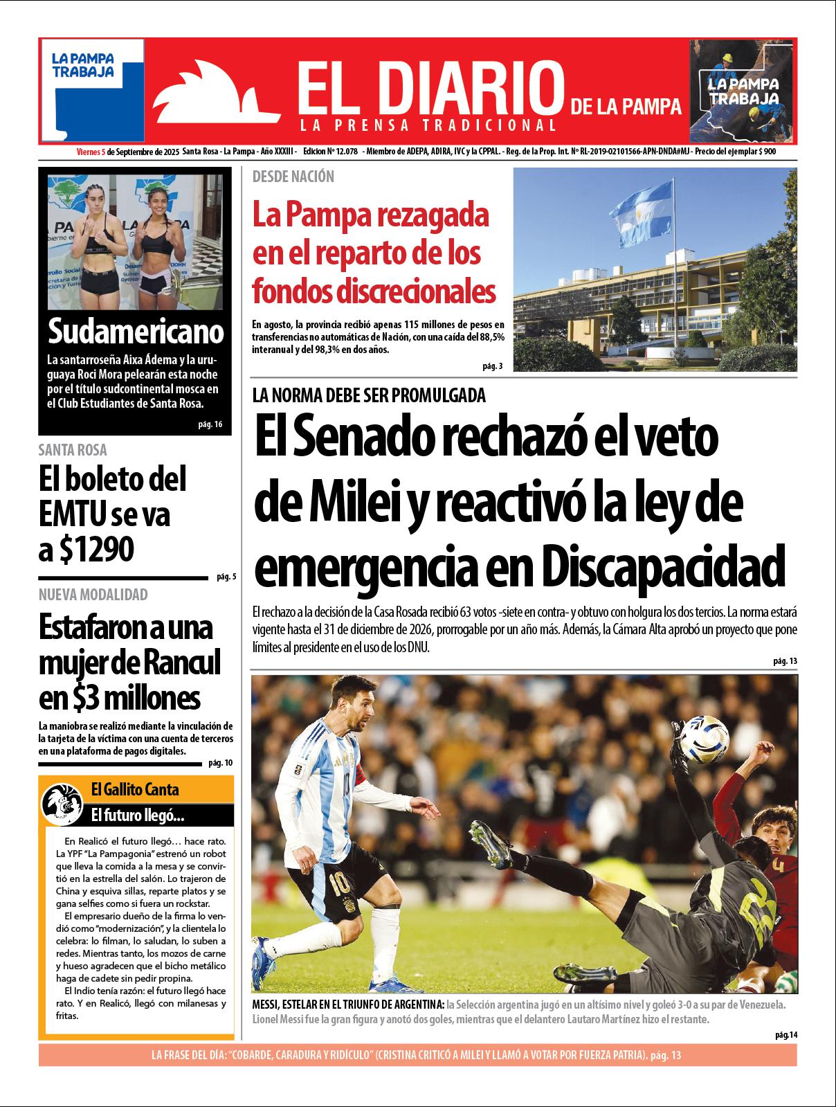 Tapa de El Diario en papel  viernes 05 de septiembre de 2025